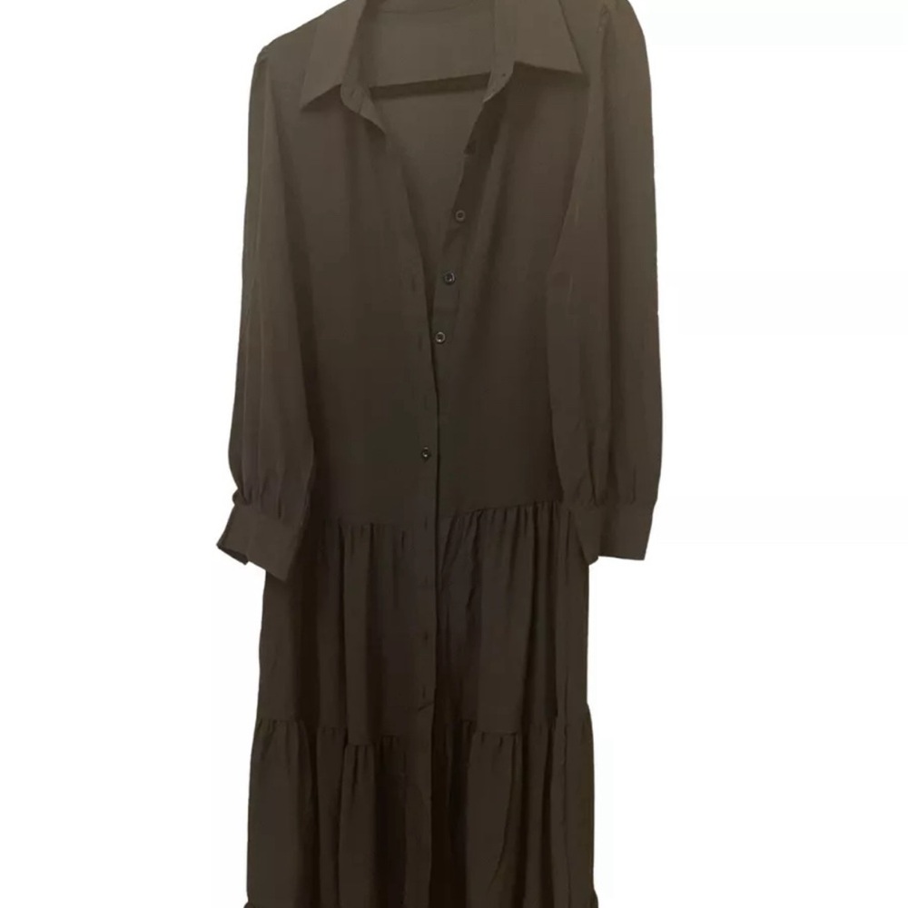 NWOT Women's Black Casual Long Sleeve Button Down Triple Tier Shirt Dress Sm/Med